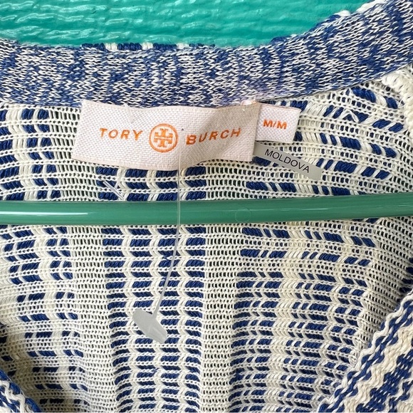 TORY BURCH TEXTURED WOVEN EMPIRE WAIST BOHO BLUE WHITE TUNIC TOP SIZE MEDIUM NWT - Picture 12 of 16